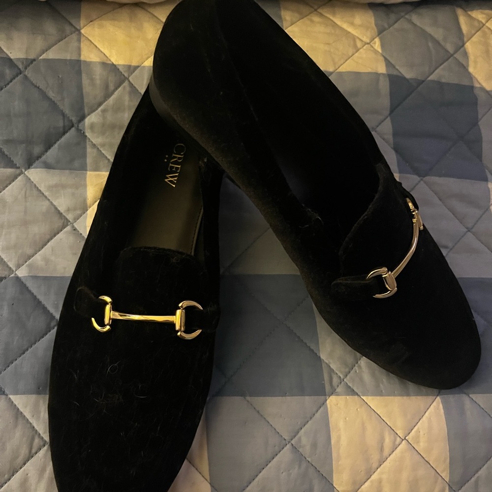 J. Crew Black Velvet Loafers with Gold Bit